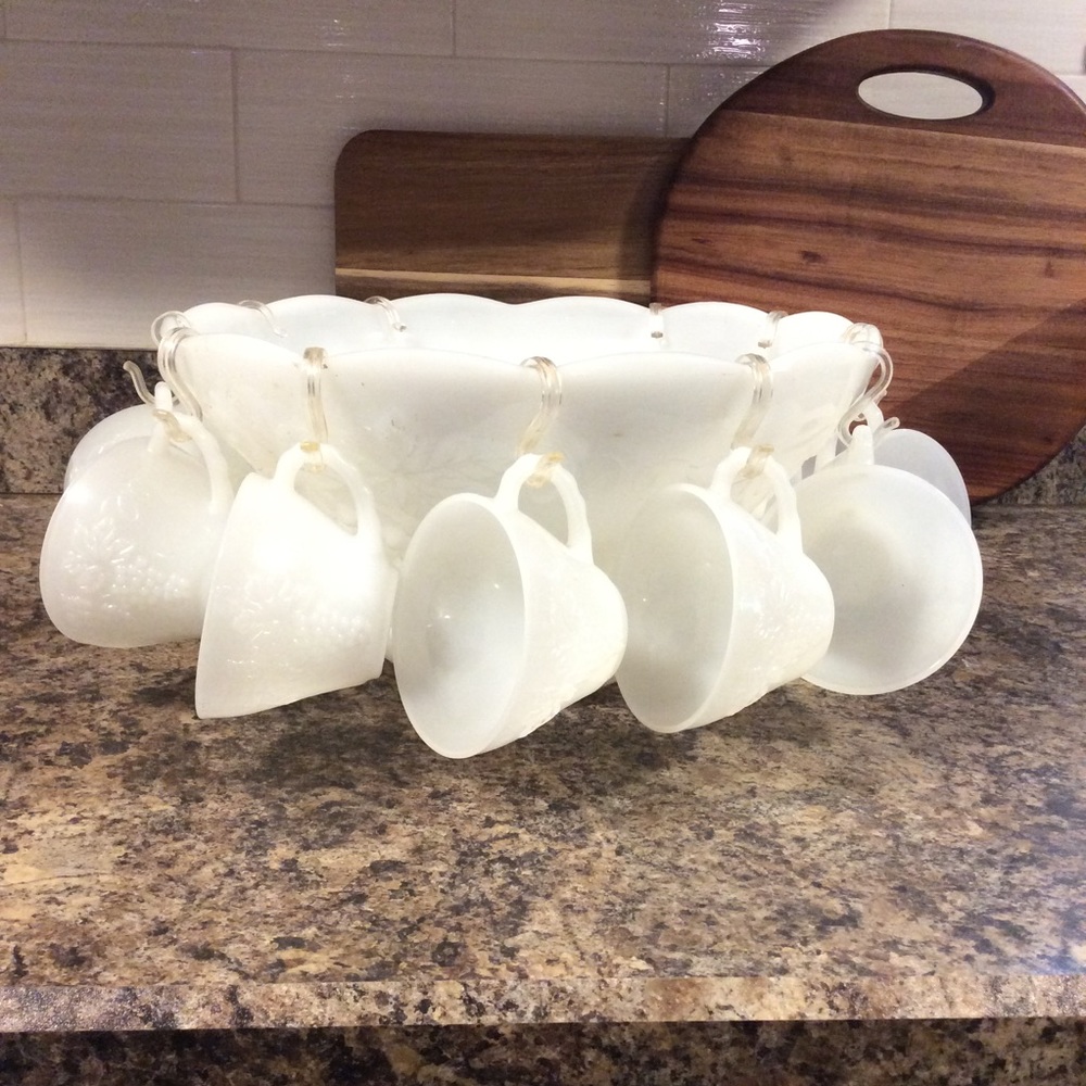 Anchor Hocking Vintage Milk Glass Punch Bowl Set